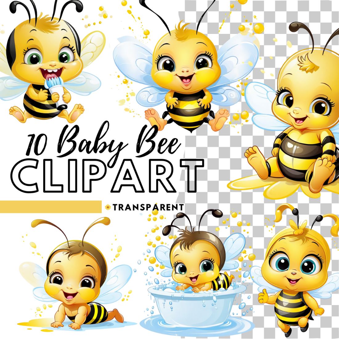 Cute baby bee cliparts bundle preview image.