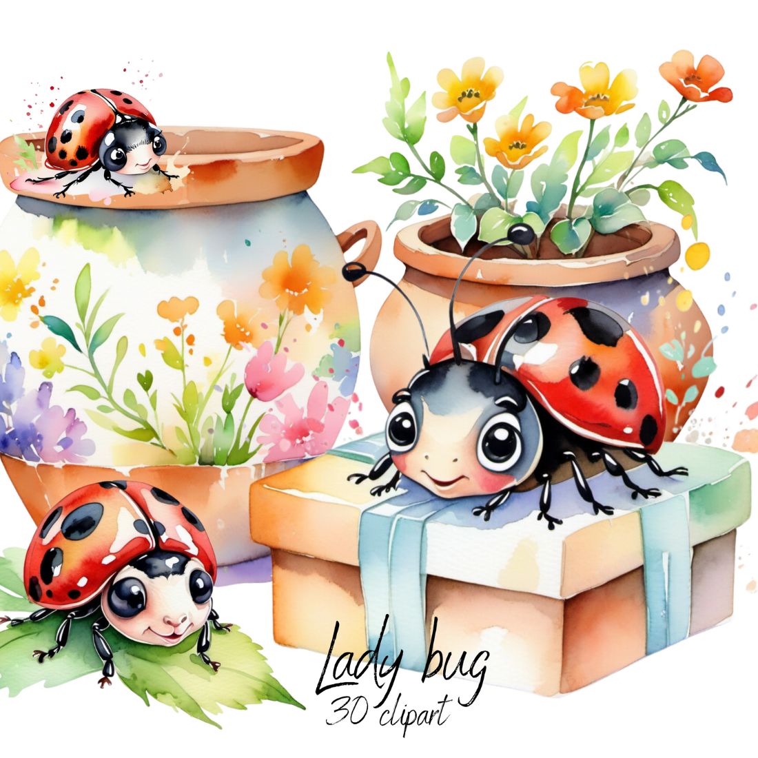 Cute baby watercolor ladybirds cliparts bundle preview image.