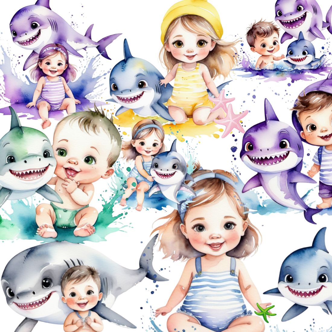 Kids and shark watercolor cliparts bundle preview image.