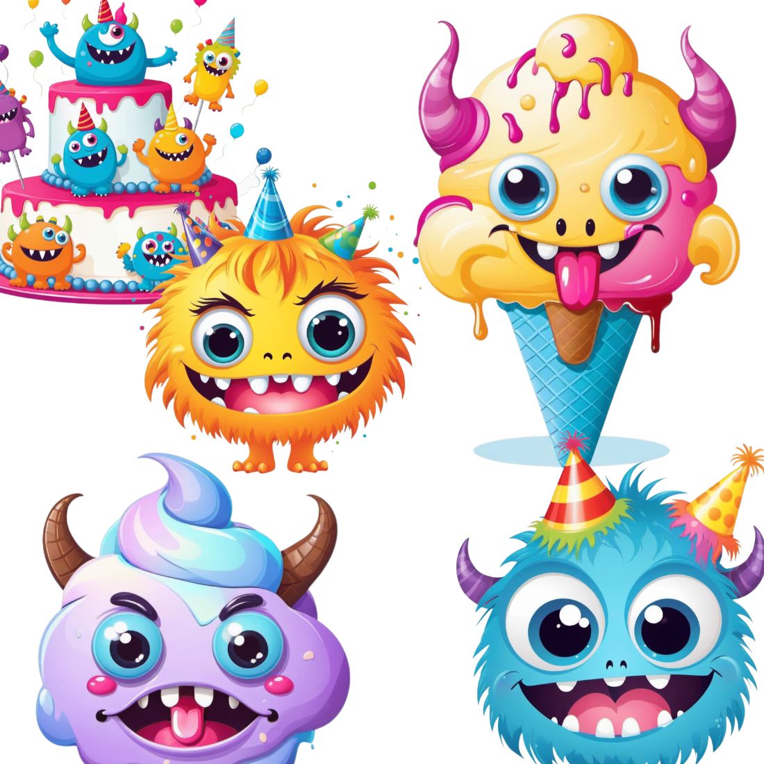 Baby monster birthday party cliparts bundle preview image.