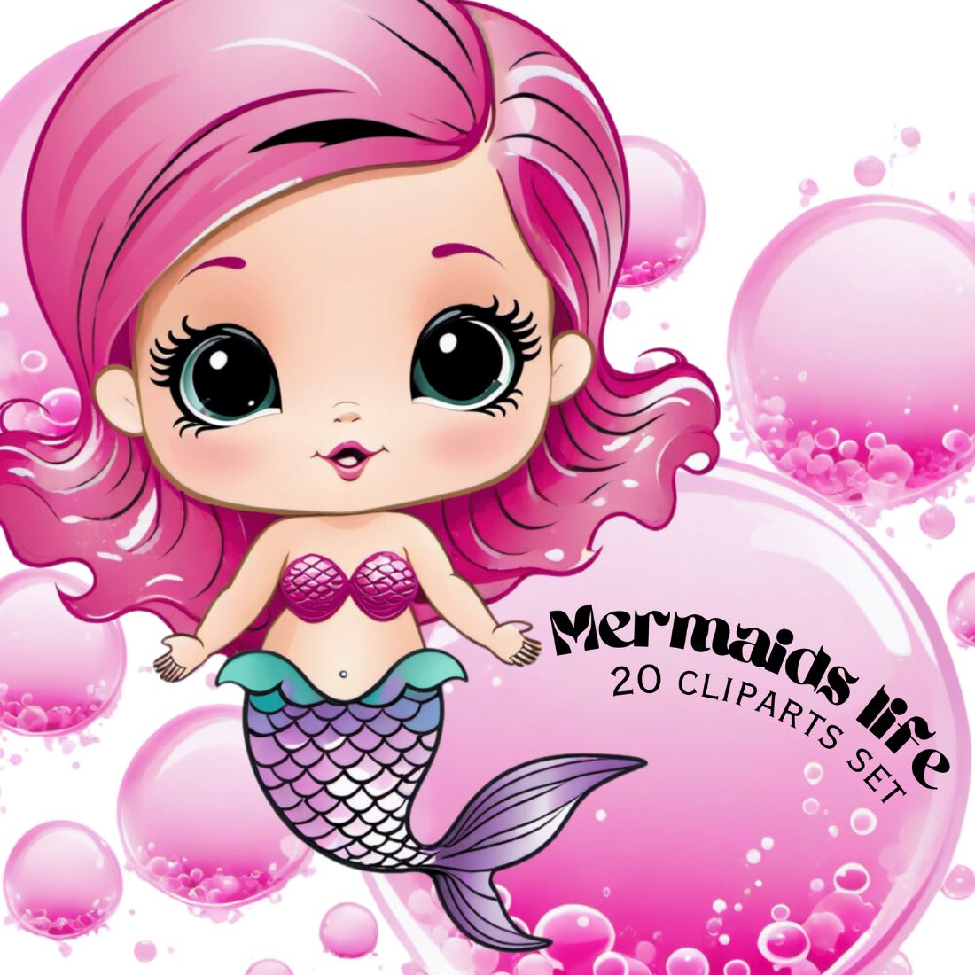 Mermaids delphins and fish nautical cliparts bundle preview image.