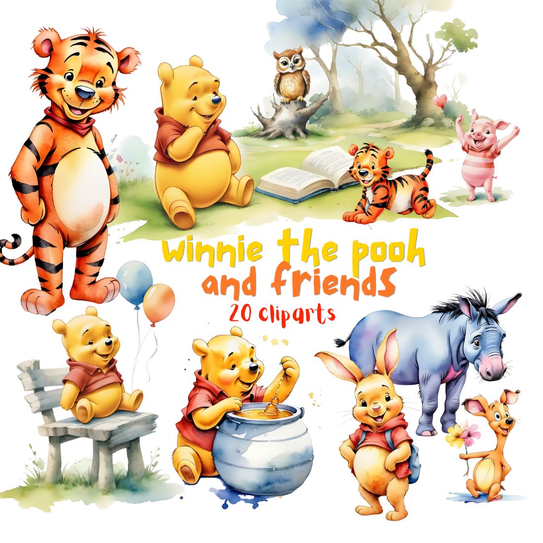 Winnie the pooh and friends watercolor cliparts bundle cover image.