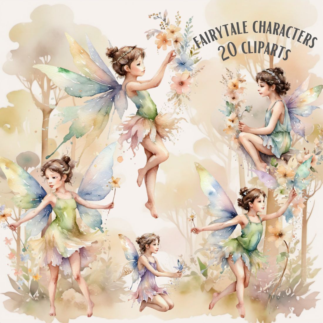 Watercolor Fairytale cliparts bundle preview image.