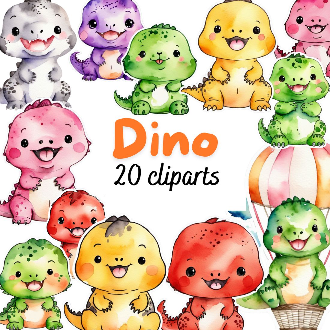 Babies Dino watercolor cliparts bundle cover image.