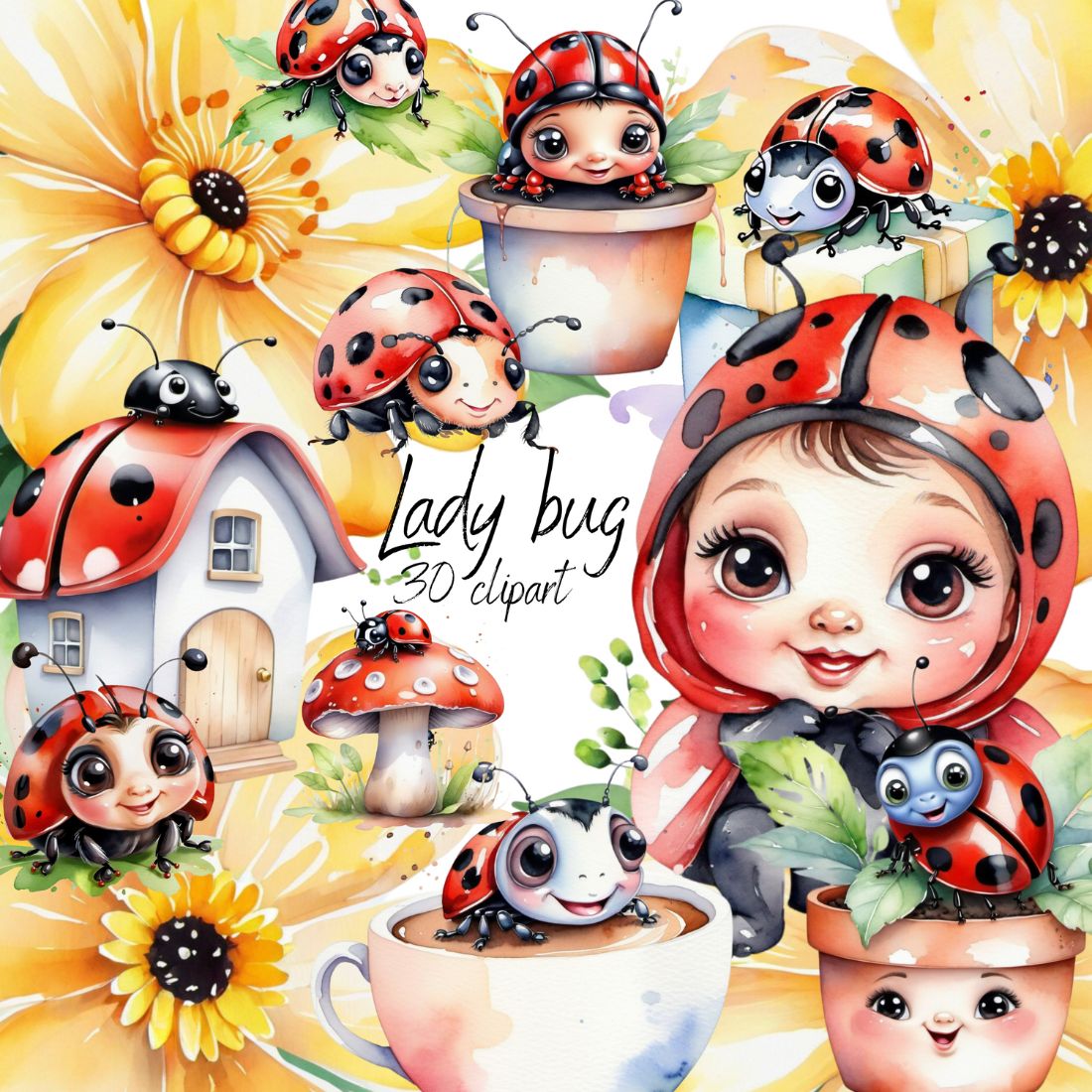 Cute baby watercolor ladybirds cliparts bundle cover image.