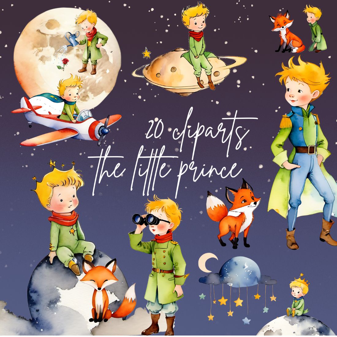 The little prince watercolor cliparts bundle preview image.