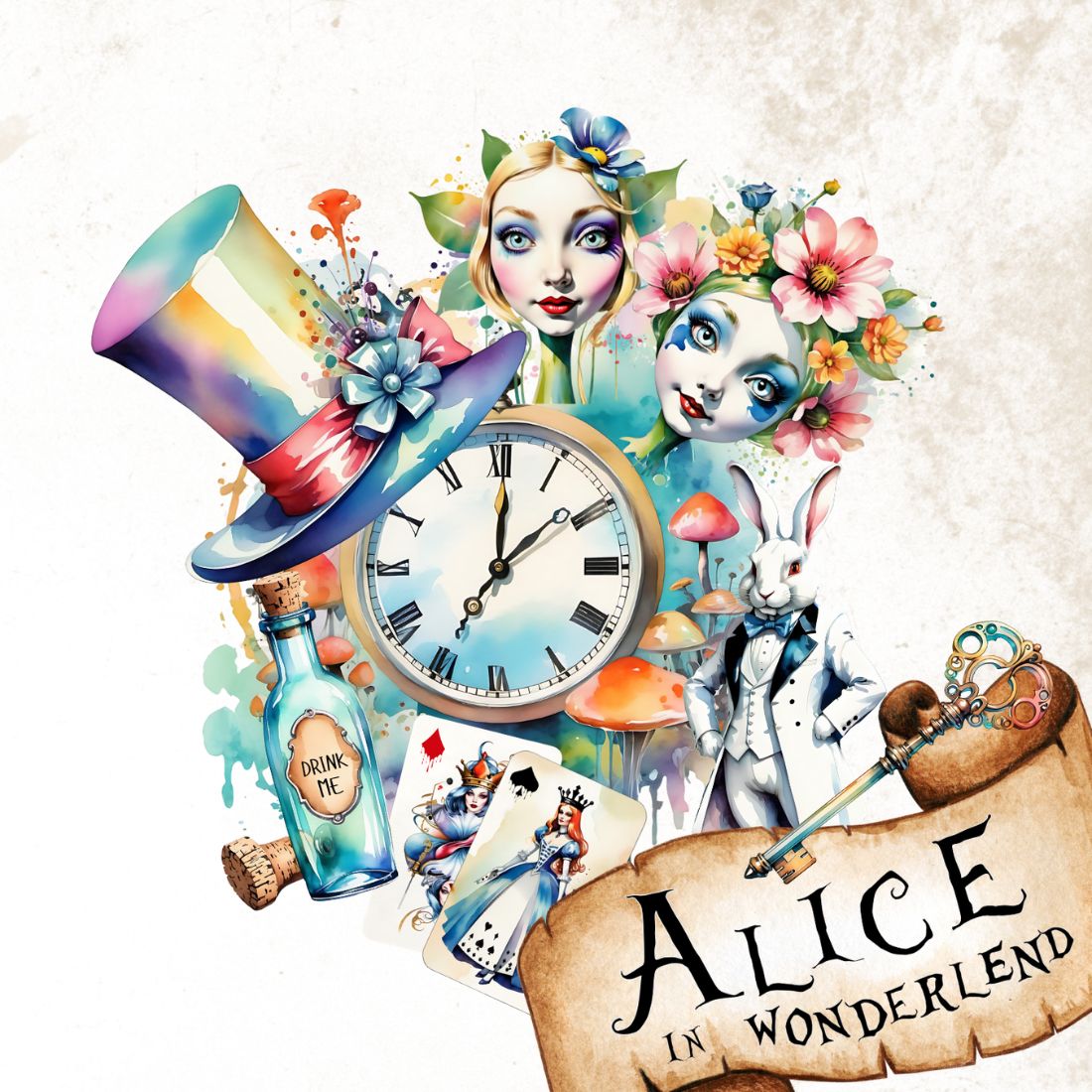 Alice in wonderland watercolor clipart bundle preview image.