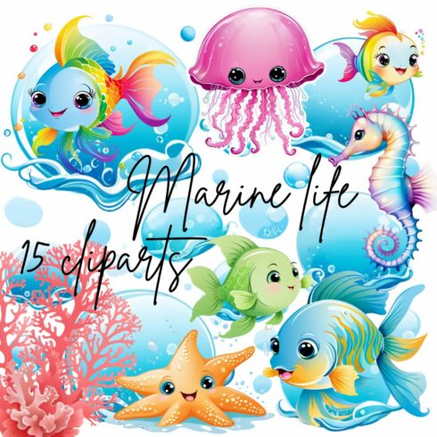 Marine life baby fish cliparts bundle cover image.