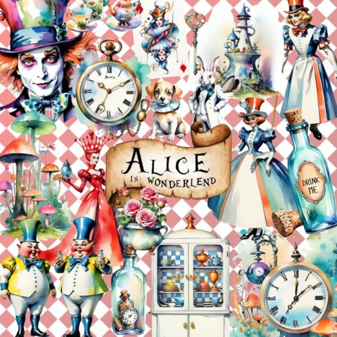 Alice in wonderland watercolor clipart bundle cover image.