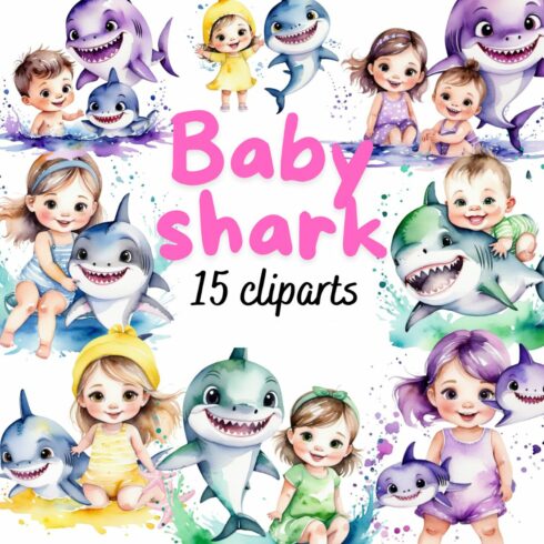 Kids and shark watercolor cliparts bundle cover image.