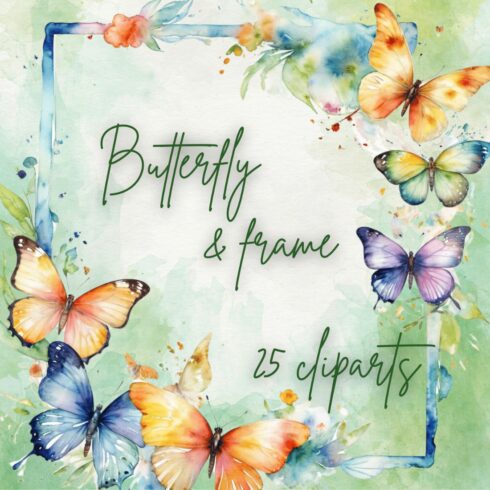 Watercolor butterflay and frame cliparts bundle cover image.