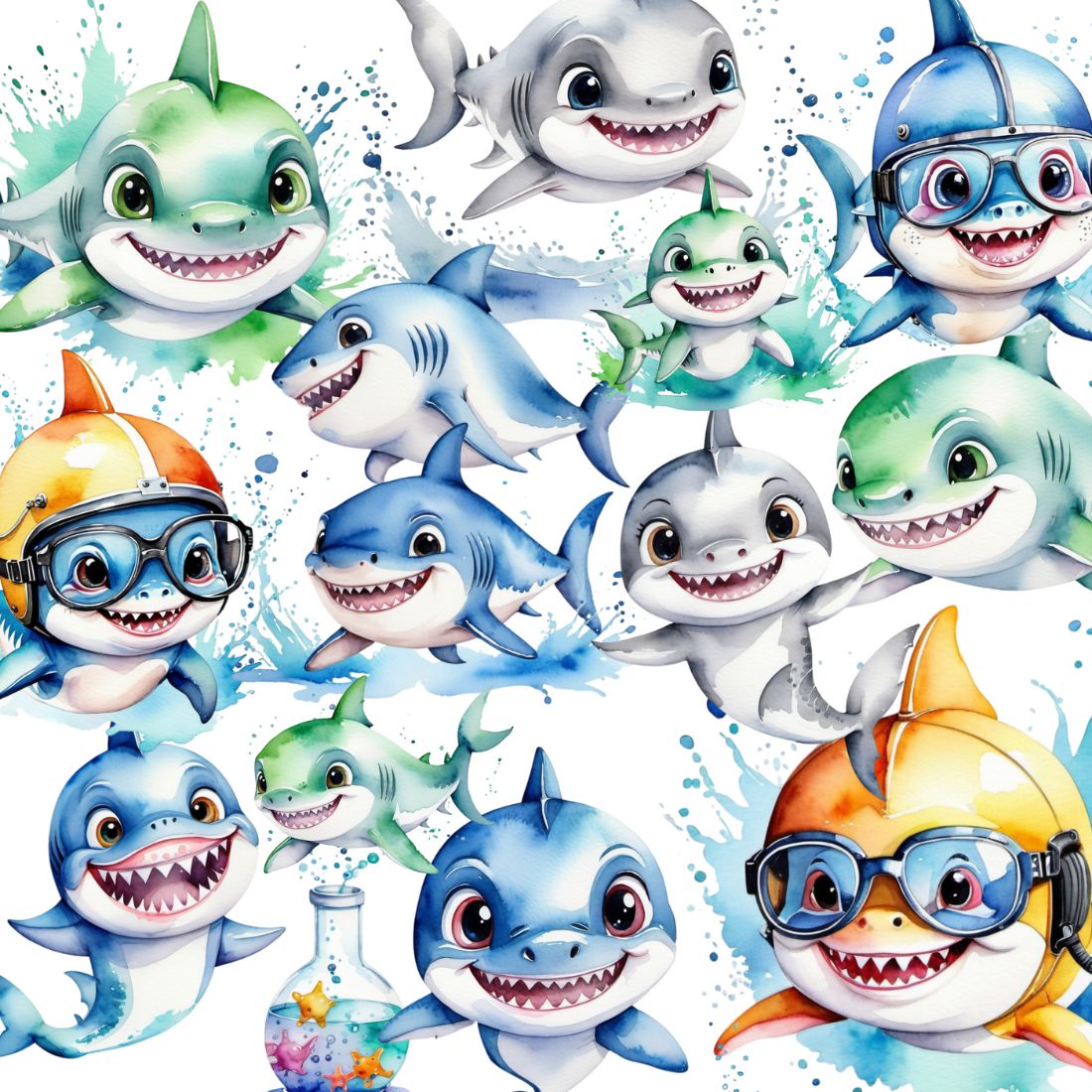 Watercolor baby shark clipart bundle preview image.