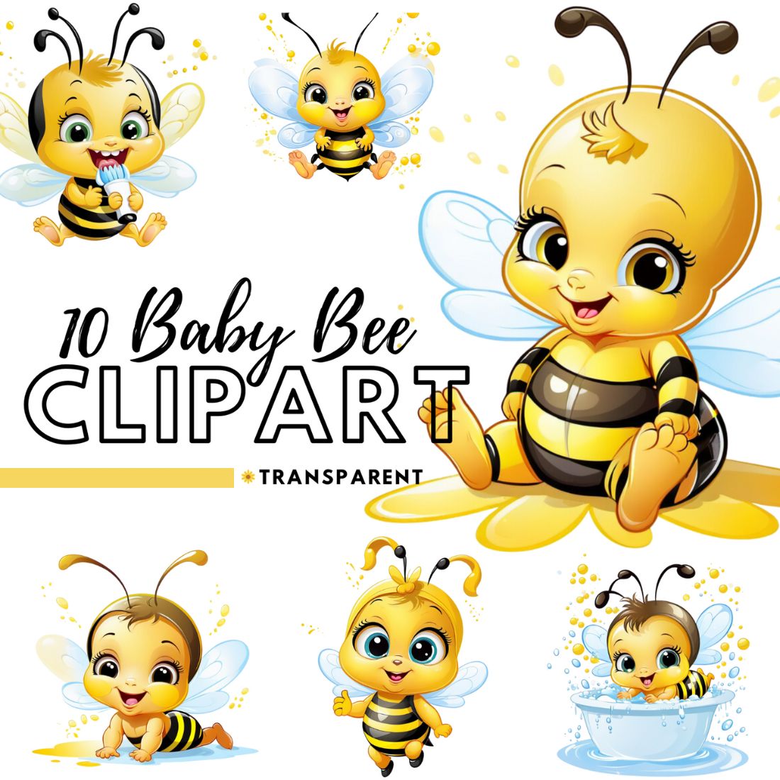 Cute baby bee cliparts bundle cover image.