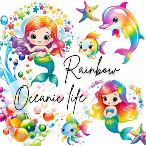 Rainbow little babys mermaids, fish, delphins - nautical cliparts bundle cover image.