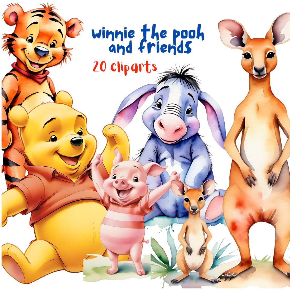 Winnie the pooh and friends watercolor cliparts bundle preview image.