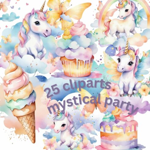 Cute unicorn watercolor party cliparts bundle cover image.