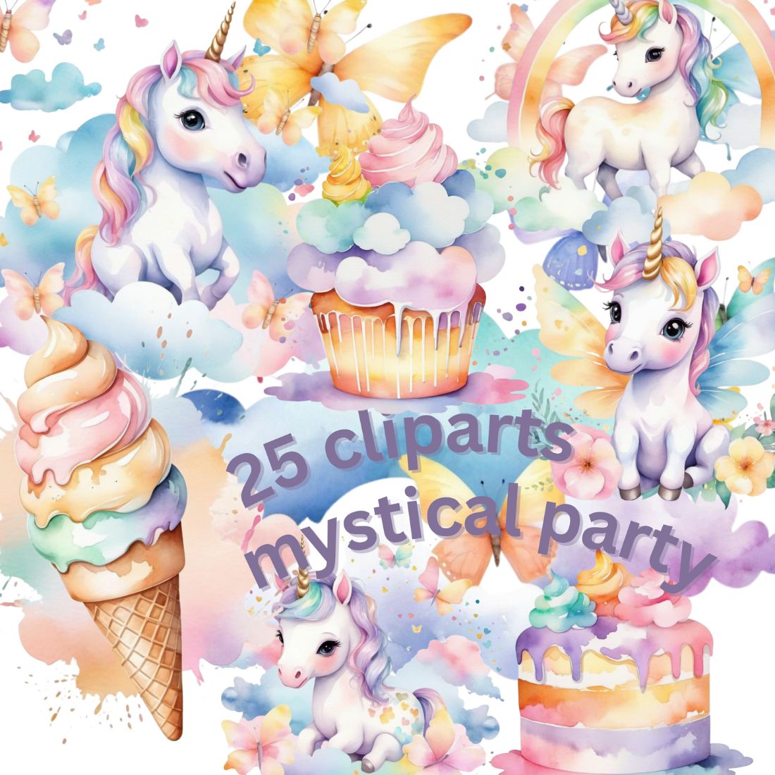 Cute unicorn watercolor party cliparts bundle cover image.