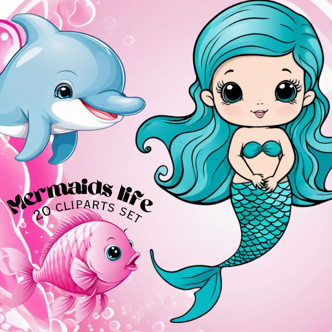 Mermaids delphins and fish nautical cliparts bundle cover image.