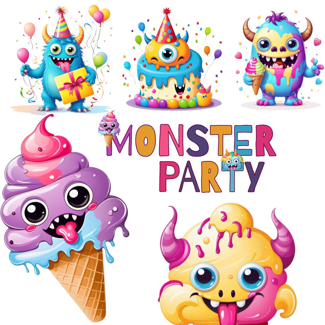 Baby monster birthday party cliparts bundle cover image.