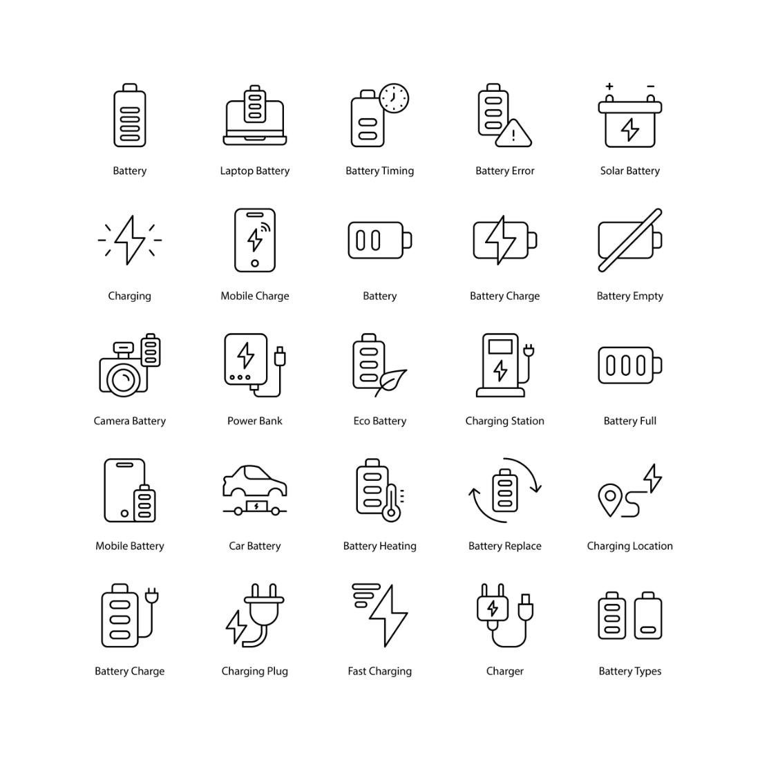 Battery & Charging Icon Set preview image.