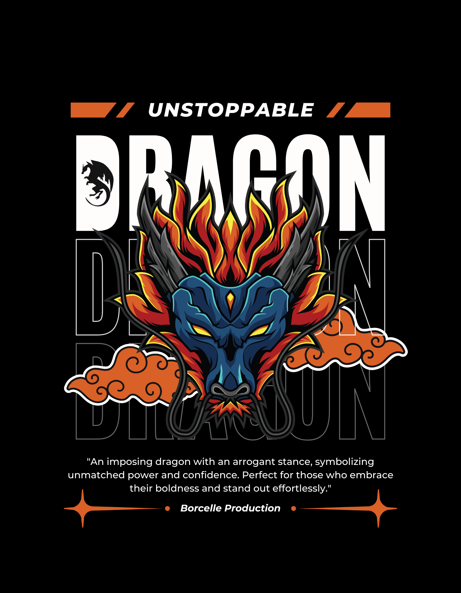 black and orange modern maximalist fantasy dragon t shirt design 285