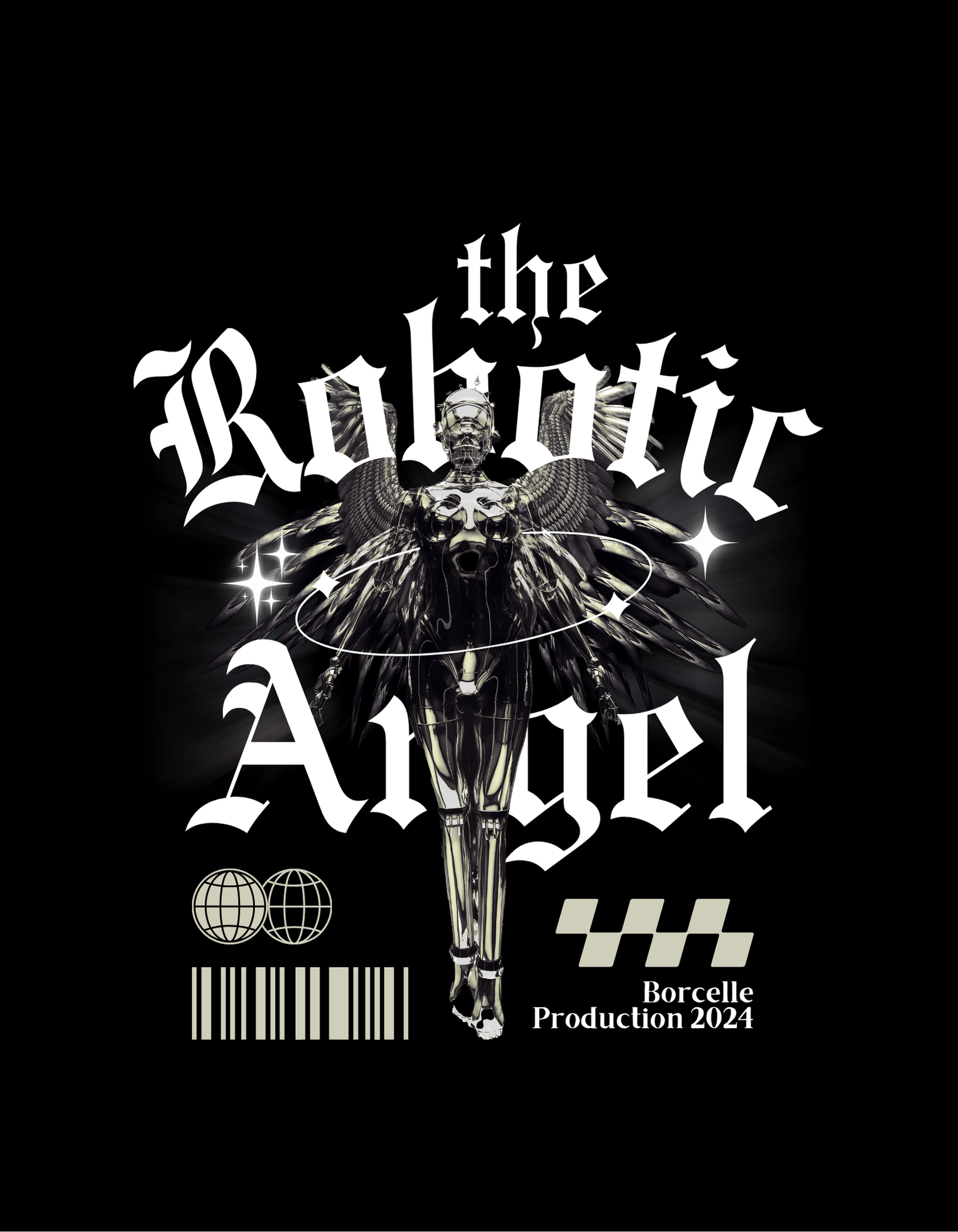 black and white robotic angel streetwear t shirt design min 397