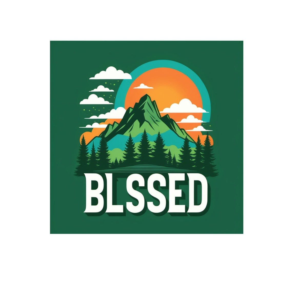 "Blessed Friday T-Shirt Design with Bold Typography and Nature Elements – Mountain, Trees, and Sunset Colors" preview image.