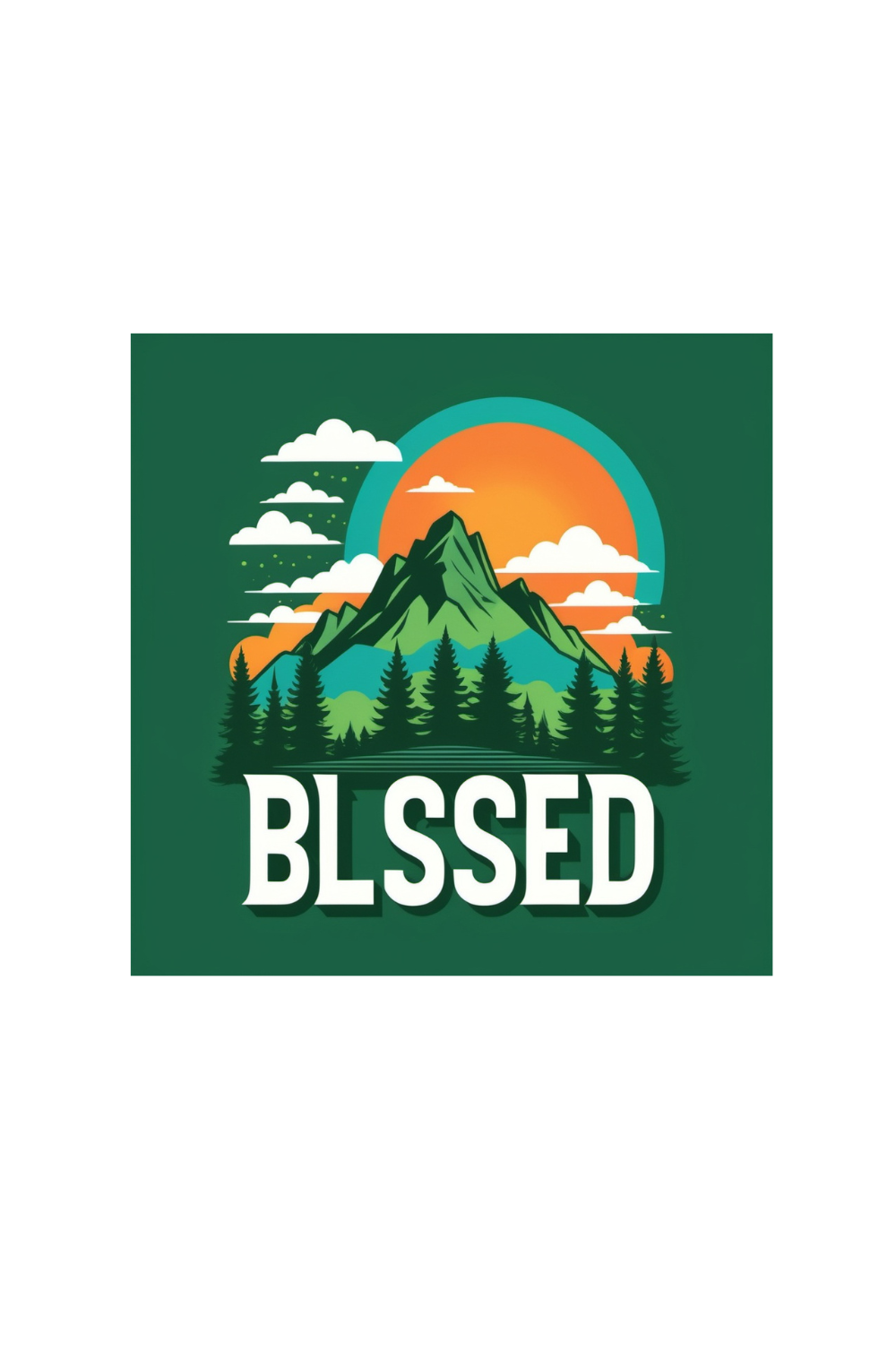 "Blessed Friday T-Shirt Design with Bold Typography and Nature Elements – Mountain, Trees, and Sunset Colors" pinterest preview image.