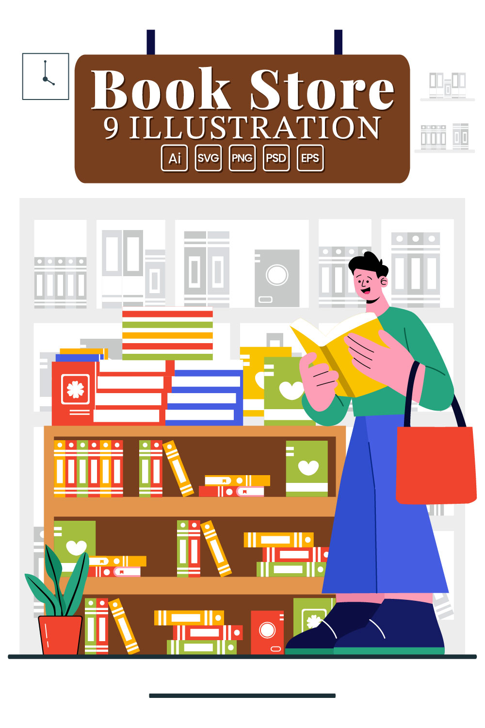 9 Bookstore and Library Illustration pinterest preview image.