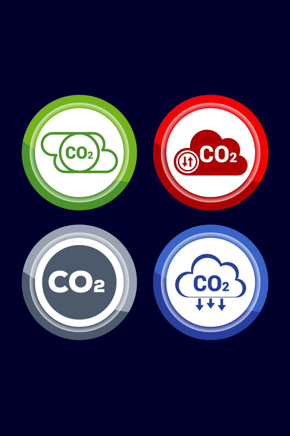 Carbon dioxide icon design illustration, Reduce co2 gas icon, Button Design Set pinterest preview image.