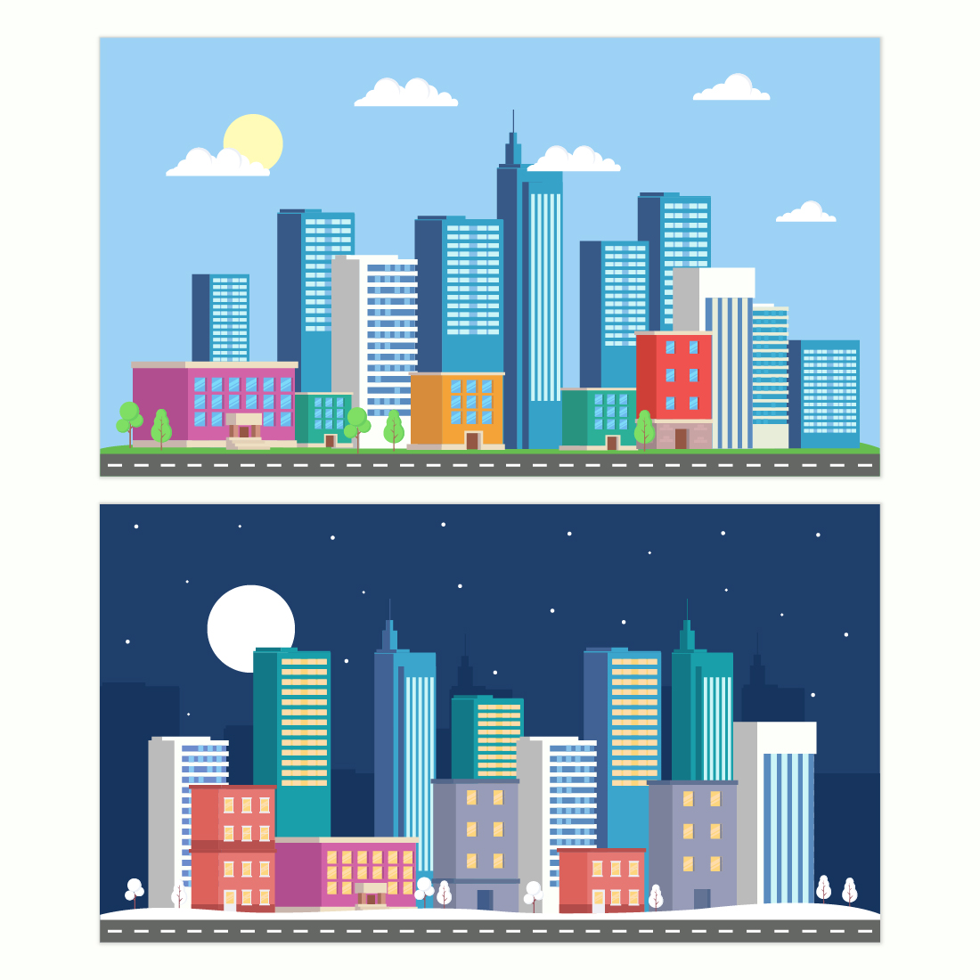 Cartoon city buildings vector illustration Modern city landscape, day and night cover image.