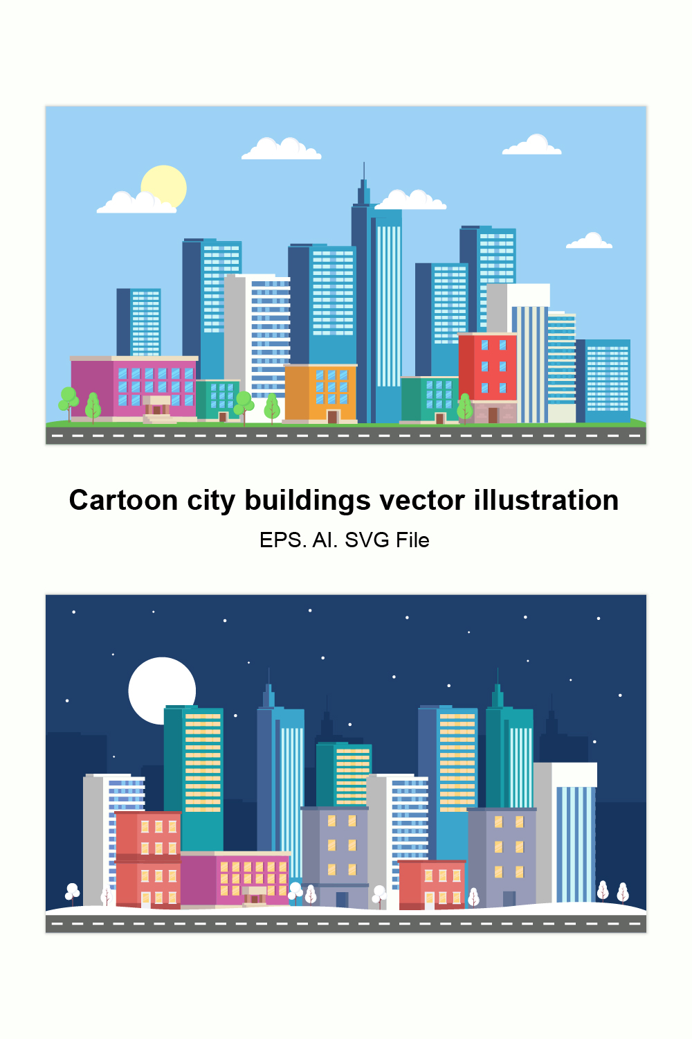 Cartoon city buildings vector illustration Modern city landscape, day and night pinterest preview image.