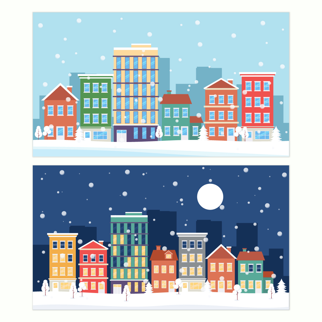 Cartoon winter townscape vector illustration Day and night Winter city landscape with colorful houses, buildings, trees, and snowflakes preview image.