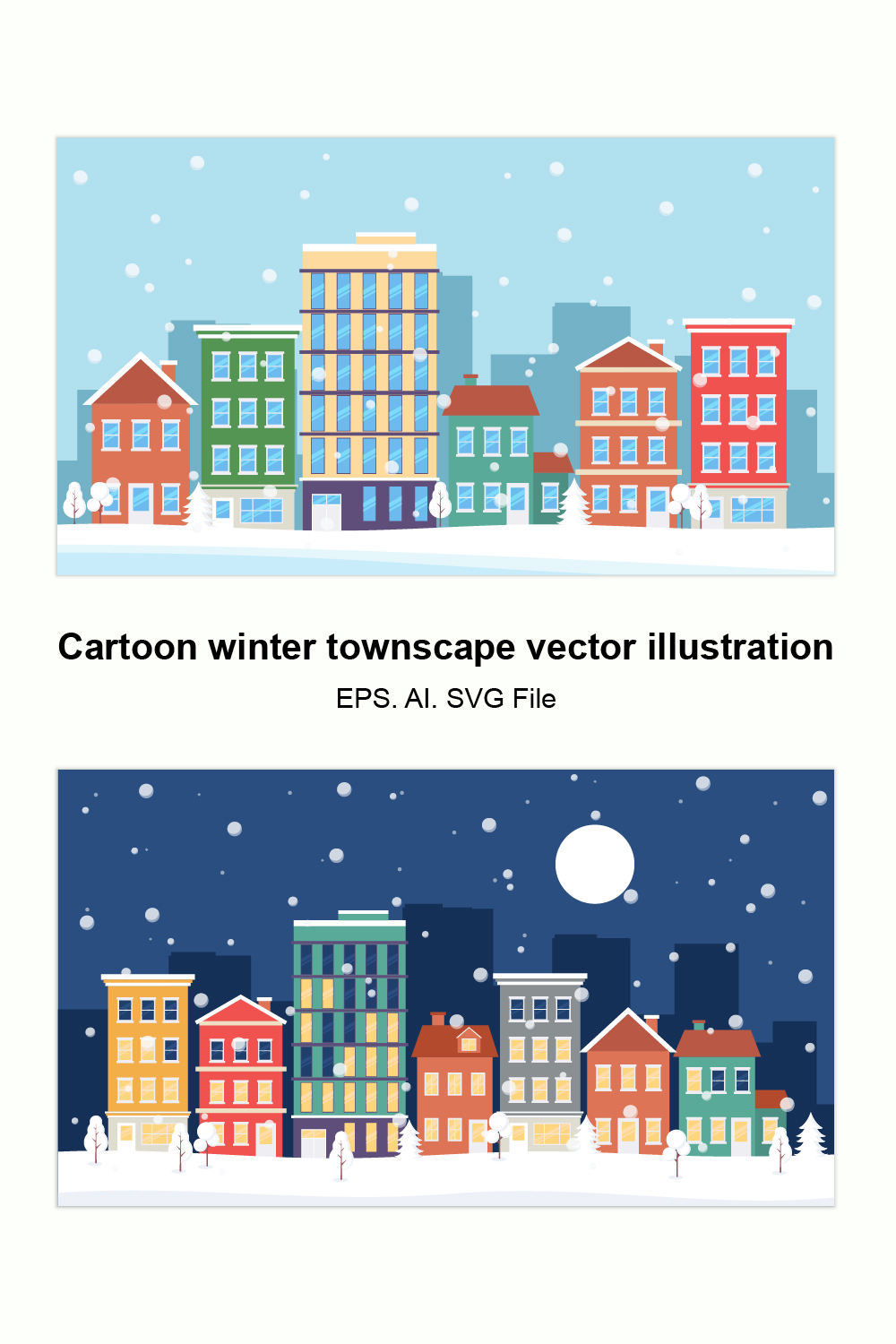 Cartoon winter townscape vector illustration Day and night Winter city landscape with colorful houses, buildings, trees, and snowflakes pinterest preview image.