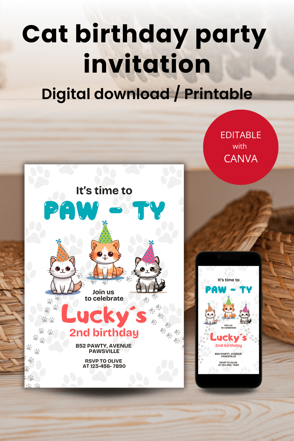 Cat birthday party invitation Canva template pinterest preview image.