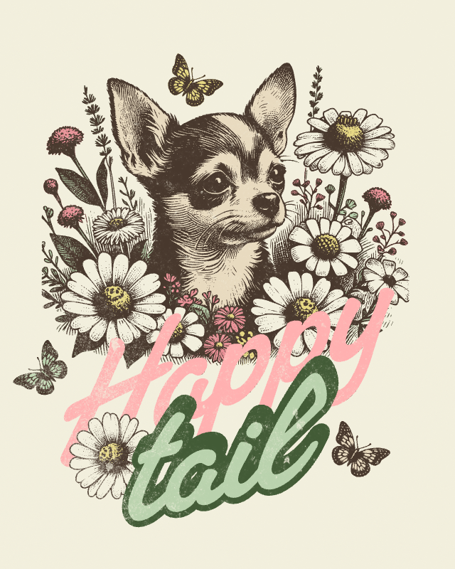 chihuahua dog among flowers. vintage happy tail 1 251