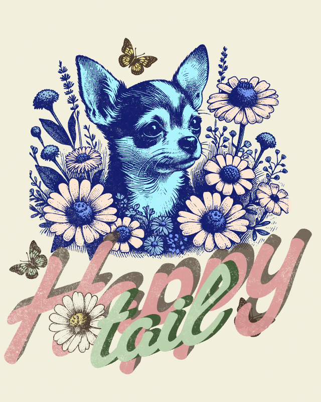 chihuahua dog among flowers. vintage happy tail 819