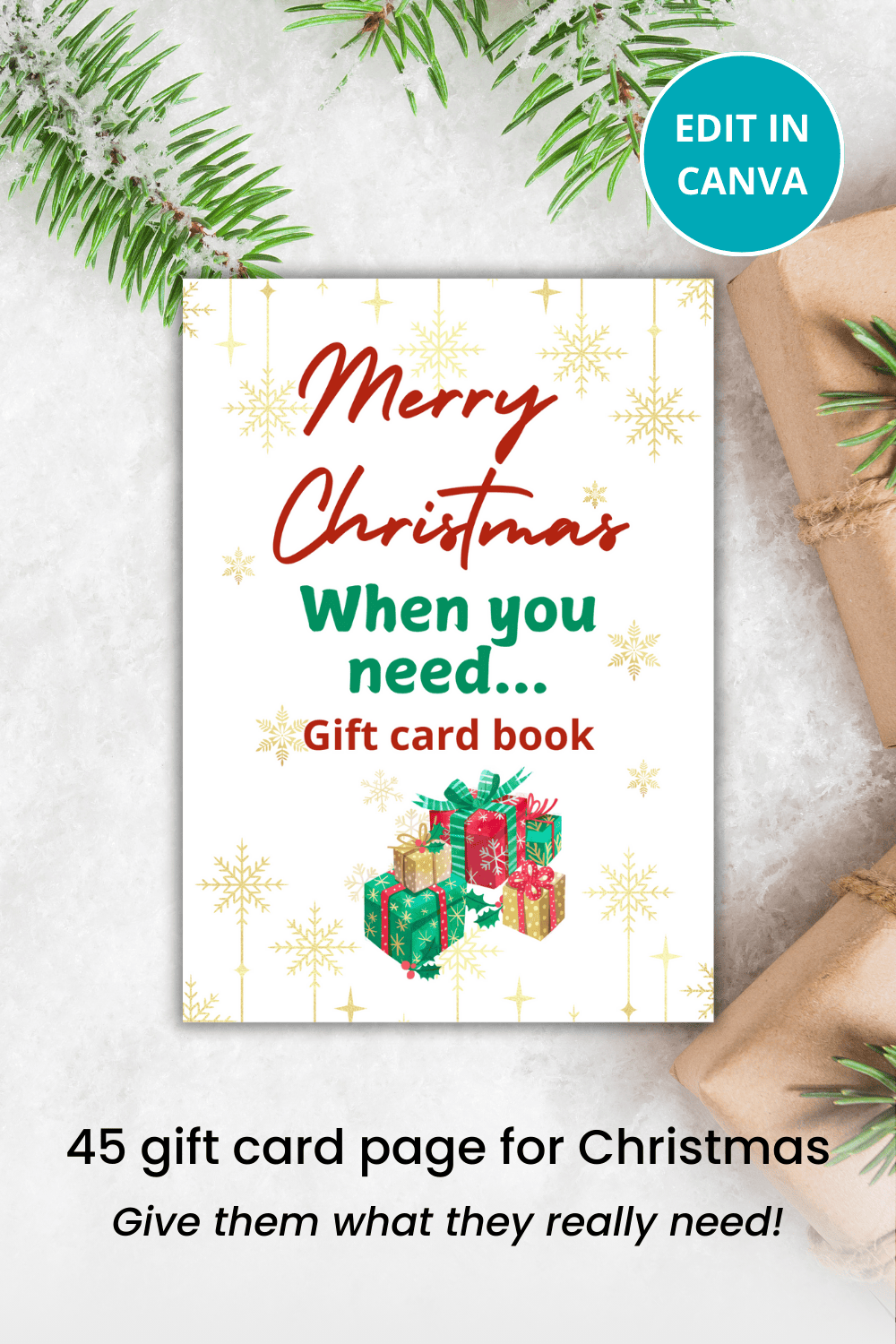 Christmas gift card book Canva template pinterest preview image.