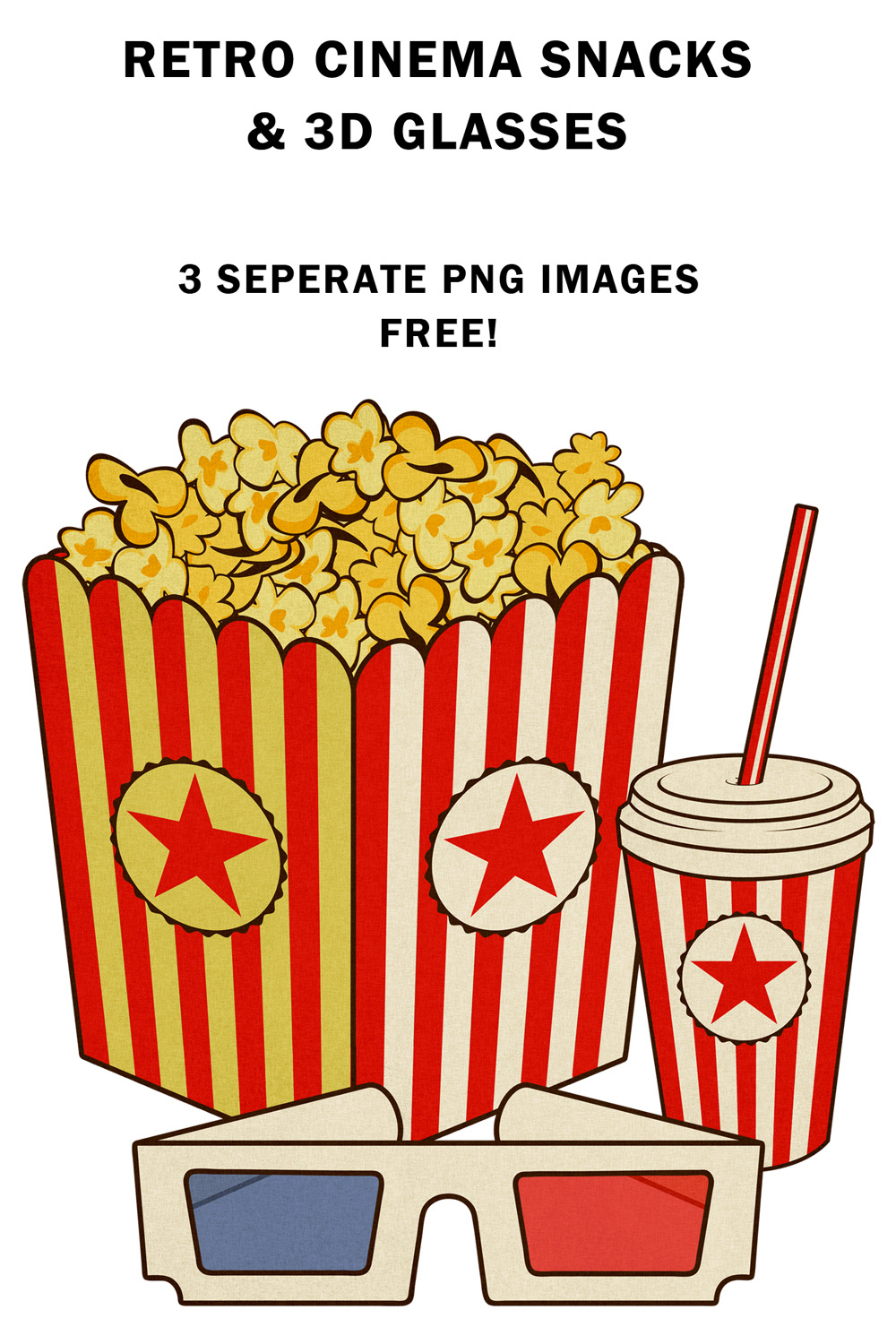 Retro Cinema Popcorn Drink & 3d Glasses pinterest preview image.