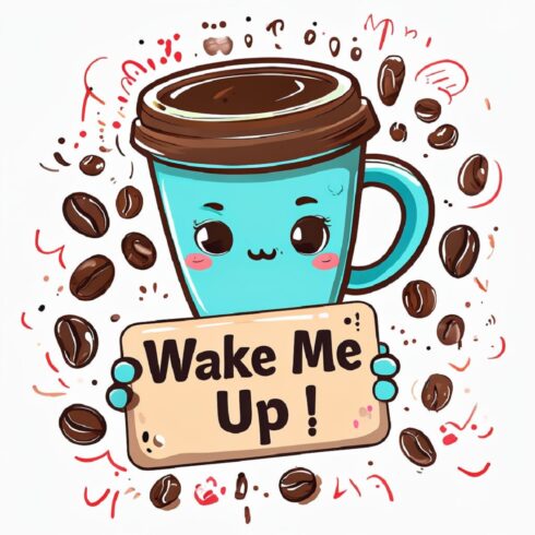 Coffee T-Shirt Design Funny cartoon coffee cup with beans, sleepy eyed cartoon coffee cup holding a sign that says wake me up cover image.