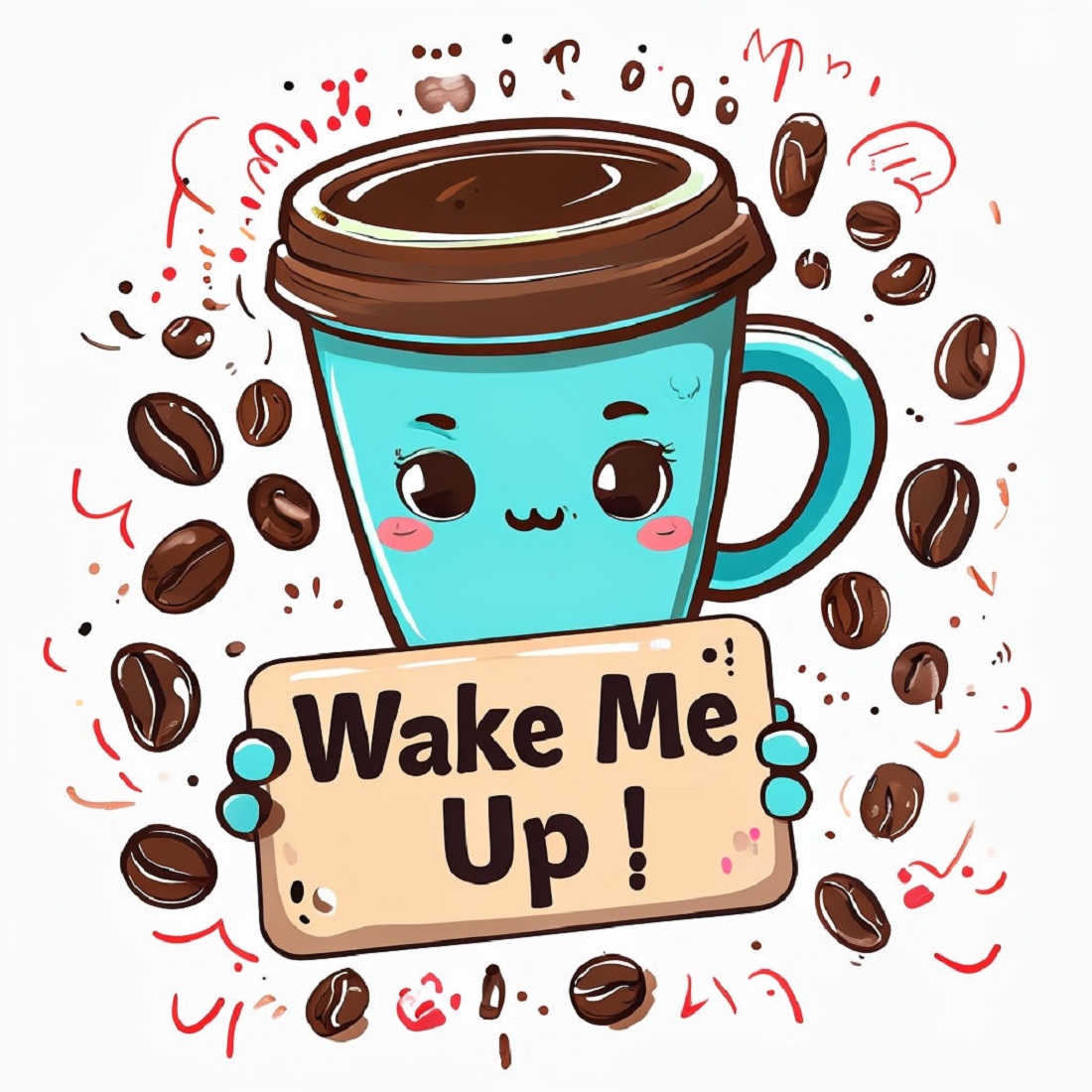 Coffee T-Shirt Design Funny cartoon coffee cup with beans, sleepy eyed cartoon coffee cup holding a sign that says wake me up preview image.