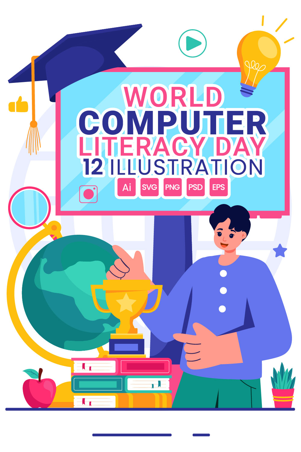 12 World Computer Literacy Day Illustration pinterest preview image.