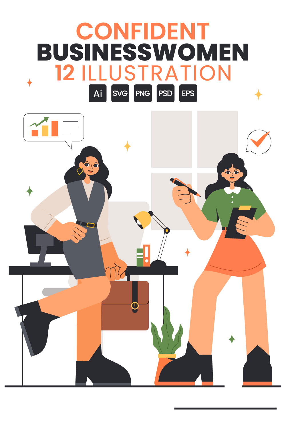 12 Confident Businesswomen Illustration pinterest preview image.