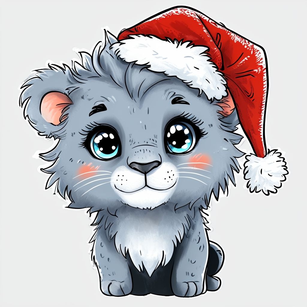 cute cartoon lion with santa hat on light gray background.png 382