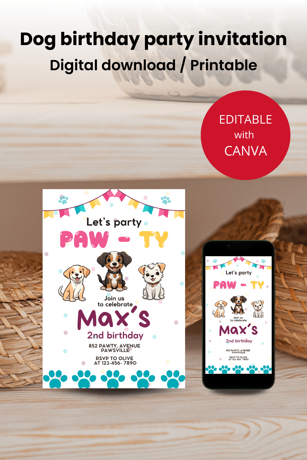 Dog birthday party invitation CANVA Template pinterest preview image.