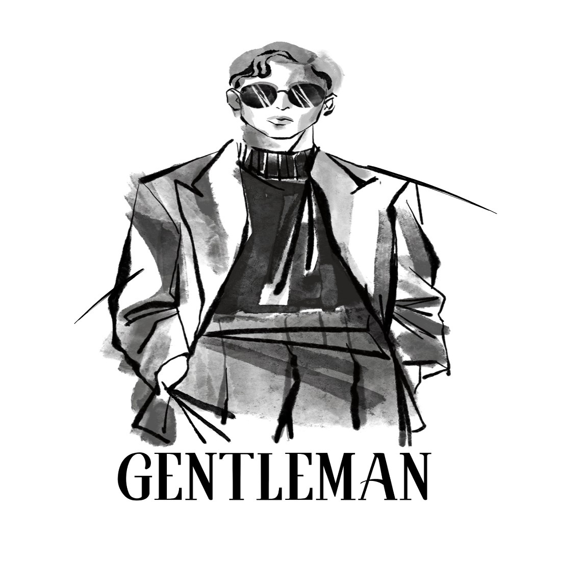 White Black Illustrated Brush Gentleman T-Shirt preview image.