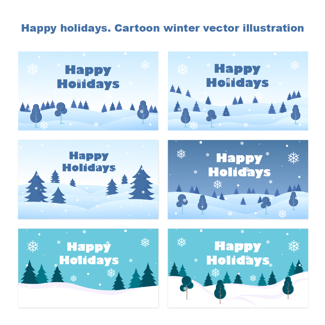 Happy holidays Set of cartoon winter vector illustrations Winter landscape with hills trees, and snowflakes cover image.