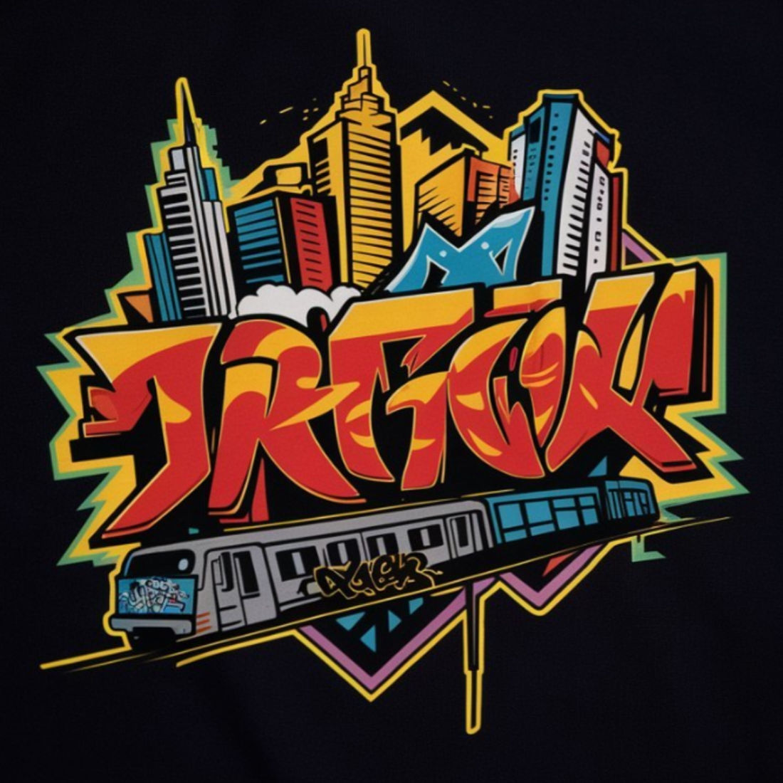 Urban Graffiti Skyline T-Shirt Design - Bold Street Art Graphic cover image.