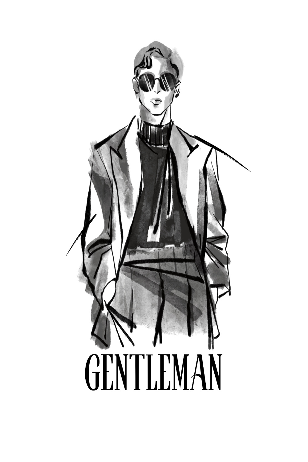 White Black Illustrated Brush Gentleman T-Shirt pinterest preview image.