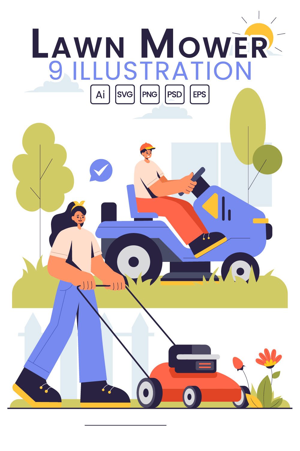 9 Lawn Mower Illustration pinterest preview image.